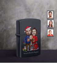 Kişiye Özel Yılbaşı Aile Karikatürlü UV Baskılı Siyah Benzinli Çakmak Model-3