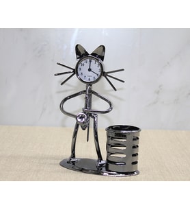 Metal Saksafon Çalan Kedi Müzisyen Saat Ve Kalemlik