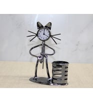 Metal Saksafon Çalan Kedi Müzisyen Saat Ve Kalemlik
