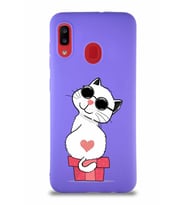 Samsung Galaxy A20 Soft Premier Kapak Coolcat Tasarımlı Silikon Kılıf - Mor (Şeffaf)