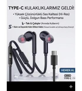 SİYAH SİLİKON KABLOLU TYPE C KULAKLIK TÜM TYPEC ÇIKIŞLI CİHAZLARA UYUMLU TAK ÇALIŞTIR tüm cihazlara uygun, BLUETOOTH GEREKMEZ MÜKEMEL SES BASS TİZ MİKROFON AAA KALİTE !!!!!!