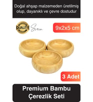 Premium 3'lü Doğal Bambu Çerezlik Seti Ahşap Dekoratif Sade Kase Yuvarlak Atıştırmalık Kabı Sosluk
