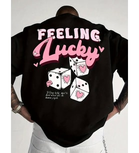 AMOR MAN ÖZEL TASARIM FEELİNG LUCKY SIRT BASKILI PAMUK OVERSİZE TREND ERKEK T-SHIRT (Siyah)