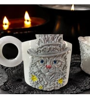 3D Kabartma El Emeği Göz Nuru Gotik Kedi Seramik MUG  200 ML Hediye Paketi Yapılır (Gri)
