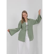 %100 Pamuk Keten Cepli Bağcıklı Kadın Kimono 1165 – Gömlek Yaka, Nefes Alan Kumaş (Çağla Yeşili)