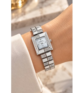 Rubenis Swiss Kadın Kol Saati 22x18 mm Kristal Taşlı Çelik Kasa ve Bilezik Beyaz Sedef Detaylı
