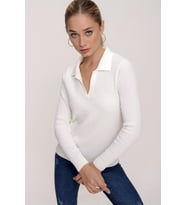 Chuba Kadın Ekru Polo Yaka Rahat Kalıp Fitilli İnce Triko Kazak 22WK203