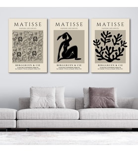 Henri Matisse 3'lü Kanvas Tablo Seti - Vizon Siyah Soyut Yüz Ve Figür Çizimli Modern Duvar Tablosu Seti
