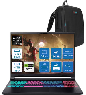 Acer Nitro V 16 ANV16S-61 Amd Ryzen 7 350 16GB Ddr5 4tb SSD 8GB/RTX5070/85W 16" Wqxga (2560 x 1600) IPS 180Hz Windows 11 Pro Taşınabilir Bilgisayar NHQXNEY003P04 + Zettaçanta