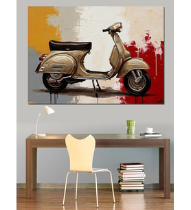 Retro Krem Rengi Scooter Motosiklet Dekoratif Kanvas - Mdf Ahşap Tablo