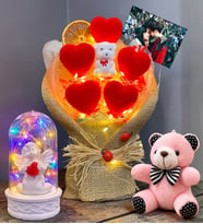 Kişiye Özel Ayıcık Buketi Seti (Renkli Işıklı Beyaz Melekli Fanus Hediyeli) (Model 1)