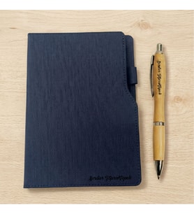 Kişiye Özel Lacivert Deri Defter Bambu Kalem