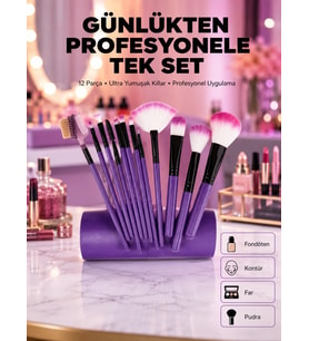 Fondöten, Allık ve Far Uygulamalarına Uygun 12 Parça Makyaj Fırça Takımı Ergonomik Saplı