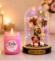 Kişiye Özel Yazılı 3 Fotoğraflı Renkli LED Işıklı Fanus (kalp tutan) ve Cam Kokulu Mum Seti
