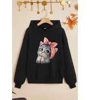 Çocuk Sevimli Kedi Baskılı Sweatshirt (Siyah)