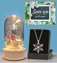 Led Işıklı Fanus ve Gerçek Ametist Taşlı Lotus Kolye Hediye Seti (Model 1)