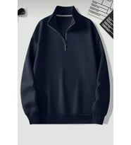 Dik Yaka Yarım Fermuarlı Düz Kazak Sweatshirt (Lacivert)