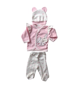 Kız Bebek Zıbın, Hastane Çıkışı Çocuk Penye Tavşanlı 3 Lü Set (Pembe)