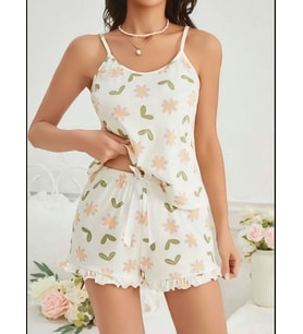 Fantezia Night Kadın Ekru Çiçek Baskılı Şortlu Gecelik Pijama Takımı 5047