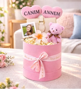 Kadınlar Gününe Özel Canım Annem Tasarımlı,Fotoğraflı,Cüzdan,Toka Ve Ayıcık Anahtarlık,Kutu Seti (Pembe)