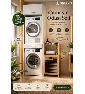 Kuzeylife Çamaşır Kurutma Makinesi Dolabı ve Bambu Kirli Sepetli Banyo Düzenleyici 2'li Set