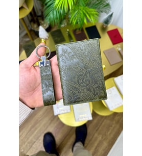 Premium Deri Ruhsat Kılıfı ve Anahtarlık Seti (Haki)