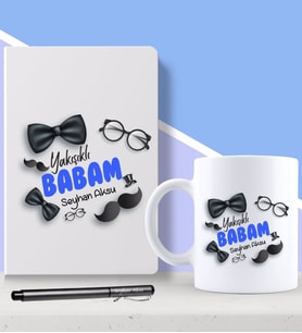 BK Gift Kişiye Özel Yakışıklı Babam Tasarımlı Beyaz Defter Kalem ve Kupa Seti-1 (Model 1)
