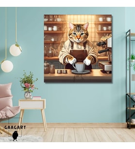 Kare Kanvas Kahve Köşesi Cafe Tablosu Barista Tekir Kedi