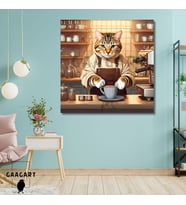 Kare Kanvas Kahve Köşesi Cafe Tablosu Barista Tekir Kedi