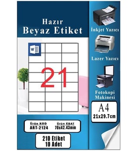 Hazır Etiket 70x42 mm 10 Sayfa 1 Paket 21 li Kendinden Yapışkanlı Fotokopi Lazer İnkjet Kağıdı Yazıcılar İçin Uyumlu