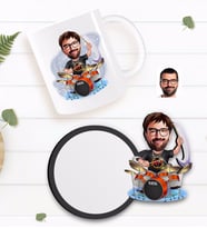 BK Gift Kişiye Özel Erkek Baterist Karikatürlü Beyaz Kupa ve Ahşap Bardak Altlığı Hediye Seti-1