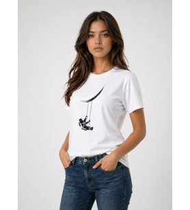 Kadın Astronot Ay Temalı Tişört Kısa Kol Yazlık Bisiklet Yaka T-Shirt - Beyaz