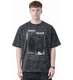 Tasarım Eren Yeager Attack On Titan Anime Baskılı Unisex Oversize Eskitme Yıkamalı Tişört