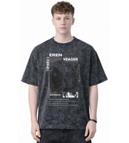 Tasarım Eren Yeager Attack On Titan Anime Baskılı Unisex Oversize Eskitme Yıkamalı Tişört