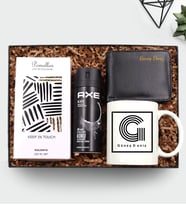 Kişiye Özel Çizgili Harf Kupa & Kişiye Özel Siyah Erkek Cüzdan & Pomellos Kolonya & Erkek Deodorant Hediye Seti