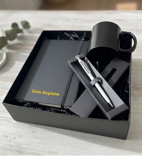 Kişiye Özel Premium İsme Yazılı Siyah Defter Kalem Kupa Hediye Seti