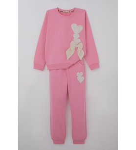 Breeze Kız Çocuk Eşofman Takımı Kalp Nakışlı Fiyonklu 4-9 Yaş, Pembe