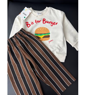 Hamburger Baskılı Sweatshirt ve Çizgili Eşofman Kız & Erkek Çocuk 3ip Alt Üst Takım