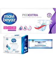 Mavi Beyaz Ped Ekstra Tekstil Yüzeyli Yetişkin Bel Bantlı Hasta Bezi S 30 Adet+ Yatak Korucu + Havlu