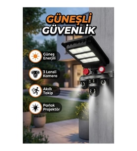 3 Lensli Güneş Enerjili Dış Mekan Güvenlik Kamerası – LED Projektörlü Akıllı İzleme Sistemi