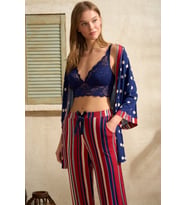 Kadın Viskon Puantiyeli Desteksiz Dantelli Bralet Sütyen ve Çizgili Pantolon Pijama 3'lü Takım (Renksiz)