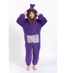 Merimu Kadın Boydan Fermuarlı Mor Teletabi Model Tulum Pijama Takımı