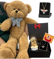 Renkli Zümdürü Anka Kuşu Kolyeli Fotoğraflı Premium Set - Büyük Boy Kahve Peluş Ayıcıklı (Model 3)