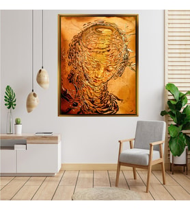 Tablore Modern Soyut Yüz Figürlü Bronz Efektli Tablo Gold Çerçeveli Salon Tablosu