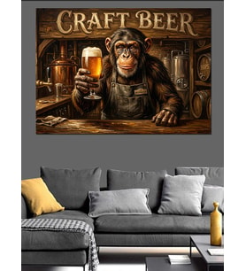 Bira İçen Şempanze Craft Beer Dekoratif Kanvas - Mdf Ahşap Tablo