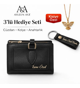 AYLEEN AYZ Kişiye Özel Kadın 3'lü Hediye Seti - Anka Kuşu Kolye İsme Özel Deri Cüzdan ve Anahtarlık (Siyah)