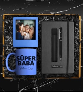 Babalar Gününe Özel Tasarım Renkli Kupa & Kişiye Özel Defter & Kişiye Özel Touch Pen Kalem & Kişiye Özel Fotoğraf Çerçevesi Hediye Seti (Mavi)