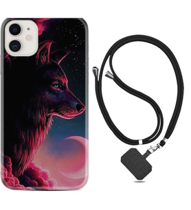 Apple iPhone 11 12 13 Mini Kılıf Boyun Askılı Silikon Wolf and Moon 1380