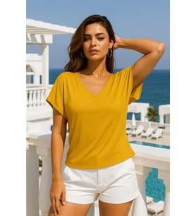Kadın Hardal Viskon Ön Arka V Yakalı T-shirt Yarasa Kol Relaxed Bluz