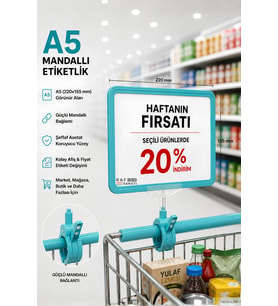 A5 Mandallı Etiketlik Fiyatlık Sepet Raf Askılık Fiyat Etiketi Çerçeveli Market Mağaza Turkuaz